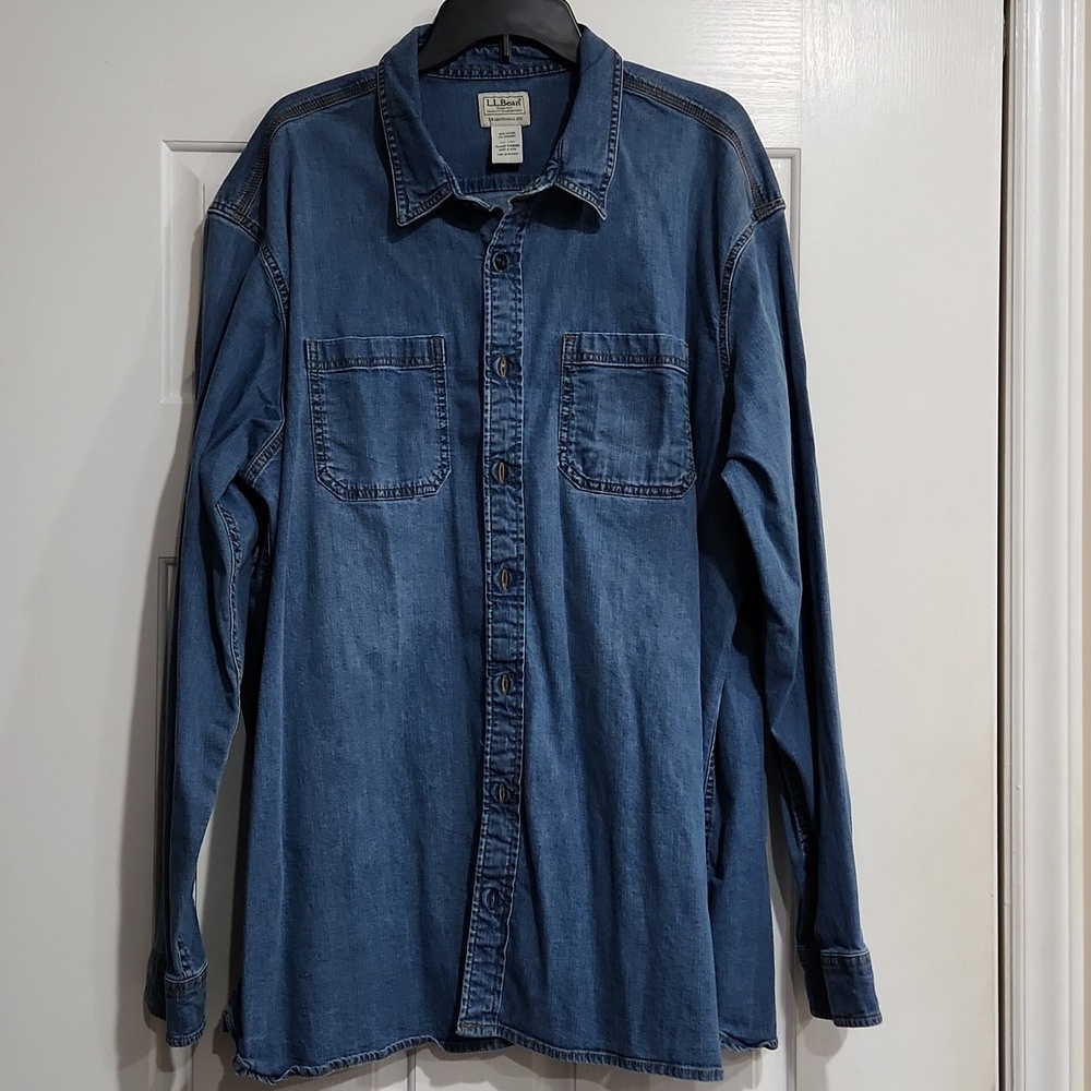 LL Bean Mens XXL Tall Bean Flex Denim Shirt Traditional  Fit Button Front